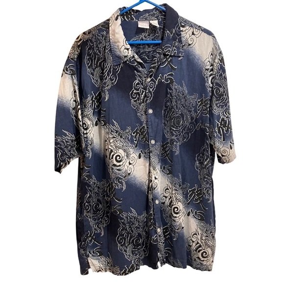 Other - Y2K Utility Dragon Button Up Shirt XL Blue Cotton Rayon Asian Graphic